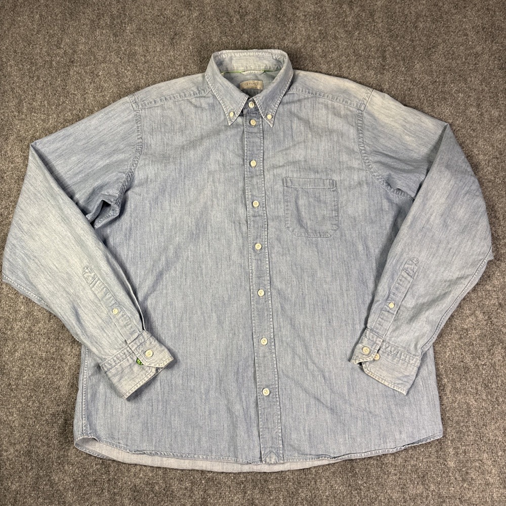 Eton Shirt Mens XL Blue Denim Cotton Long Sleeve Button Up FADED